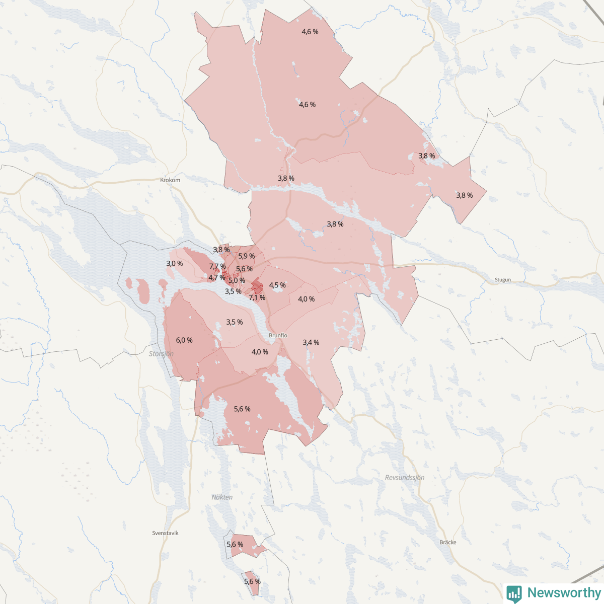 Koroplet-karta över partiets stöd i kommunens valdistrikt. Se tabell.