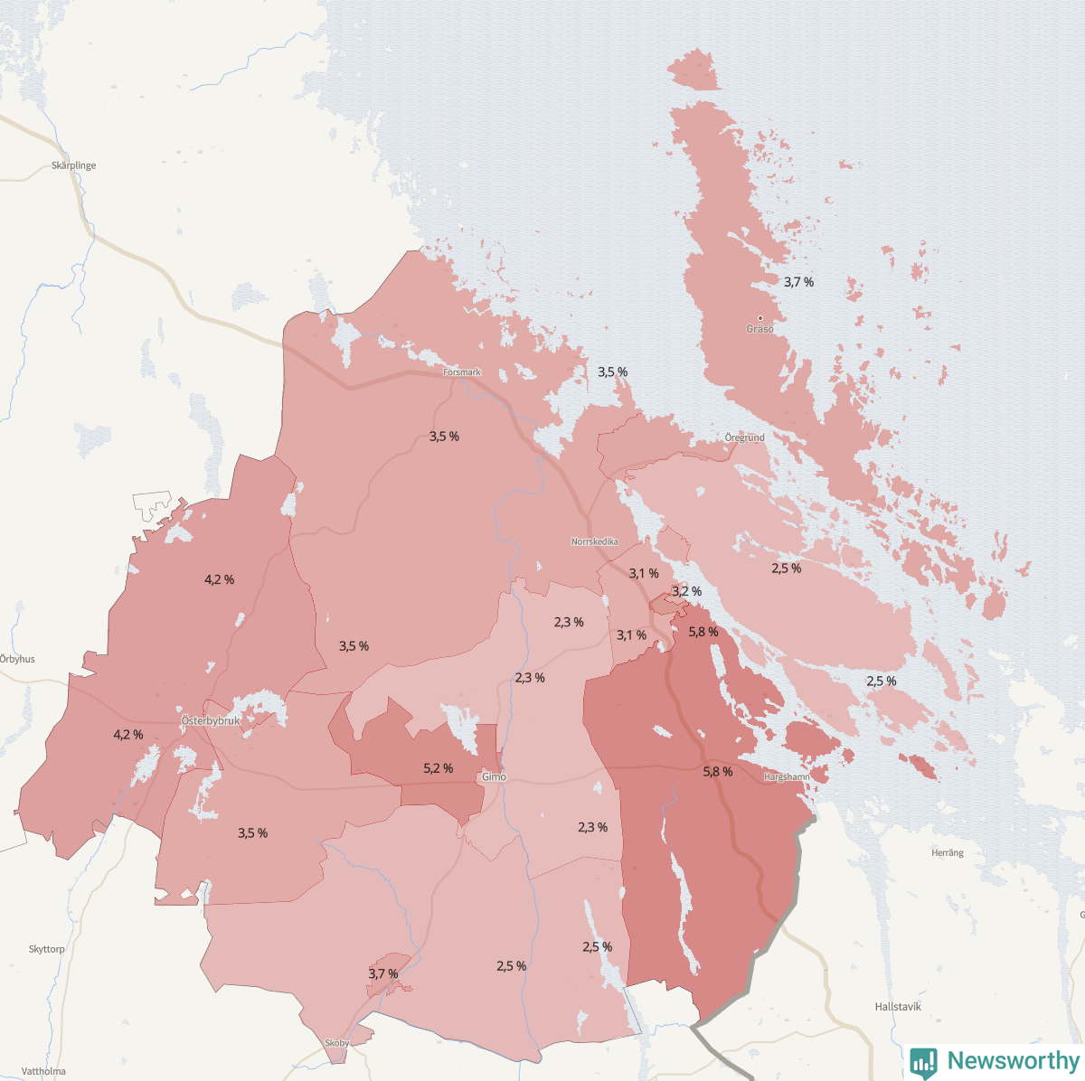 Koroplet-karta över partiets stöd i kommunens valdistrikt. Se tabell.