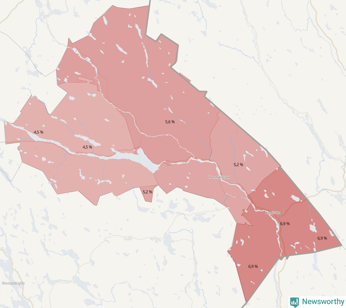 Koroplet-karta över partiets stöd i kommunens valdistrikt. Se tabell.