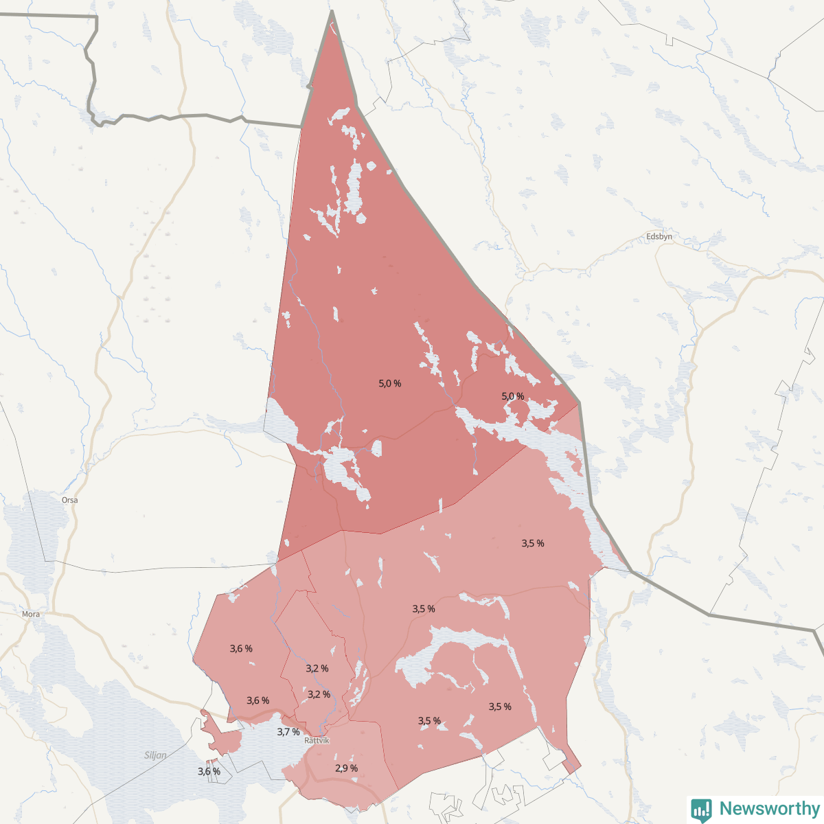 Koroplet-karta över partiets stöd i kommunens valdistrikt. Se tabell.