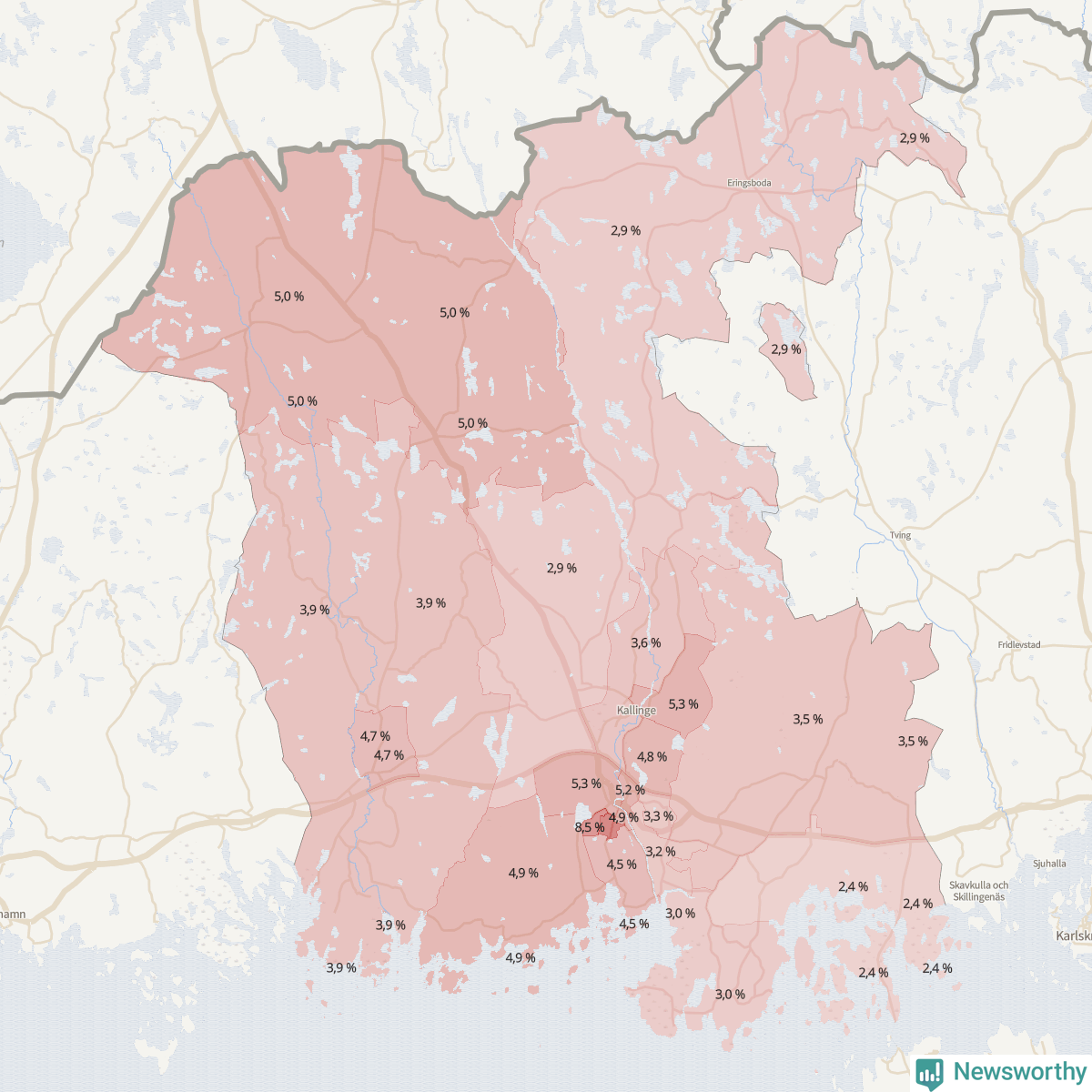 Koroplet-karta över partiets stöd i kommunens valdistrikt. Se tabell.