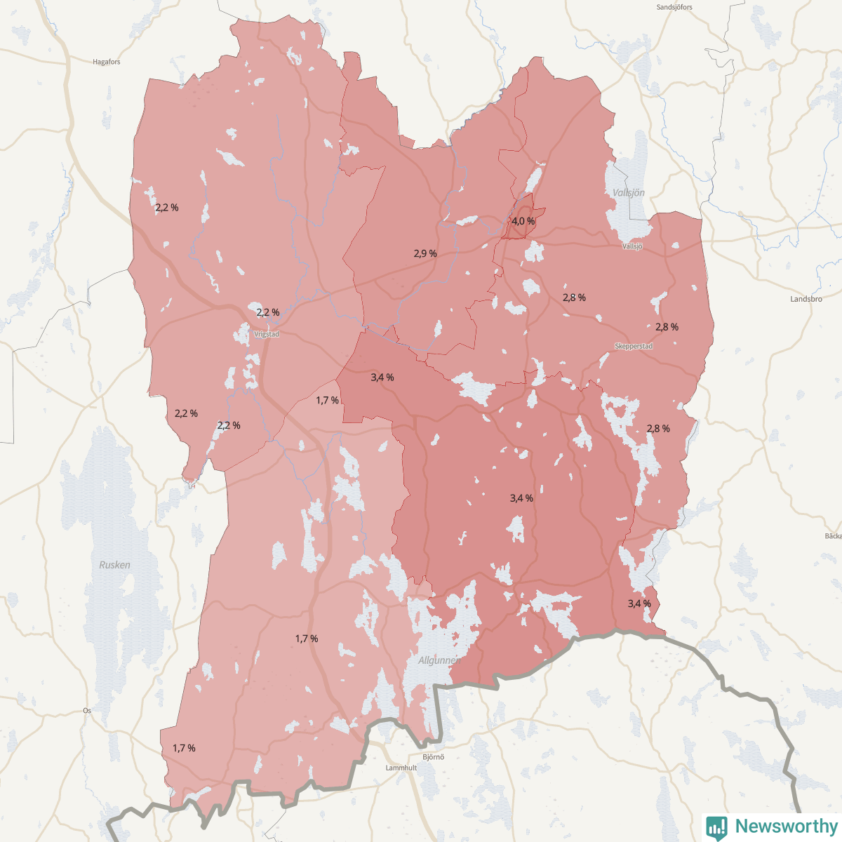 Koroplet-karta över partiets stöd i kommunens valdistrikt. Se tabell.