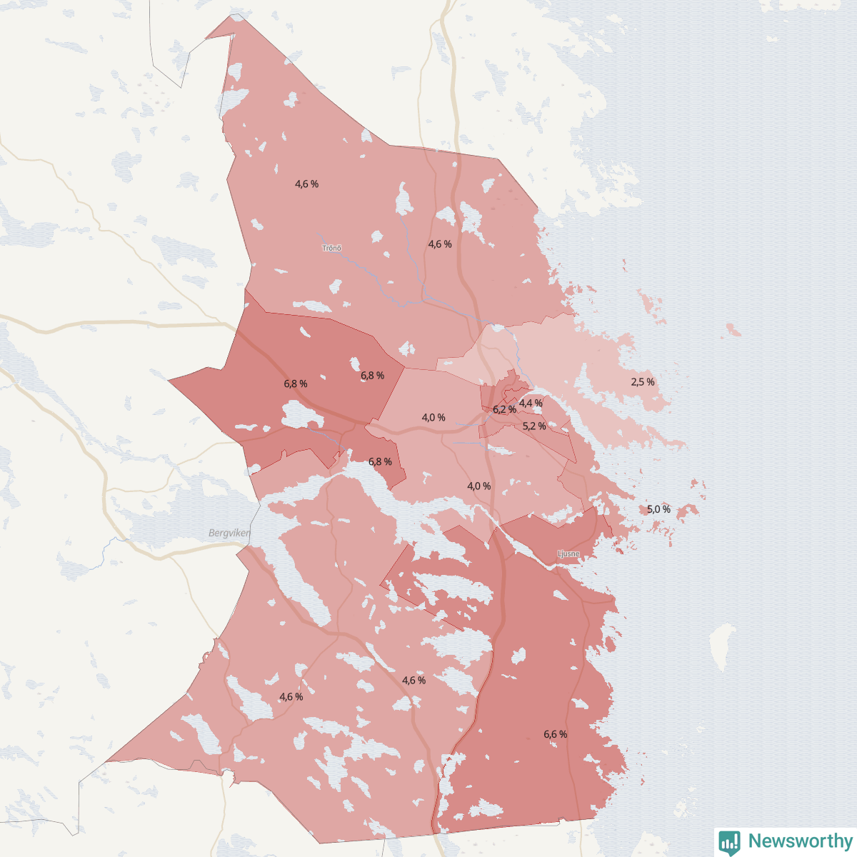 Koroplet-karta över partiets stöd i kommunens valdistrikt. Se tabell.