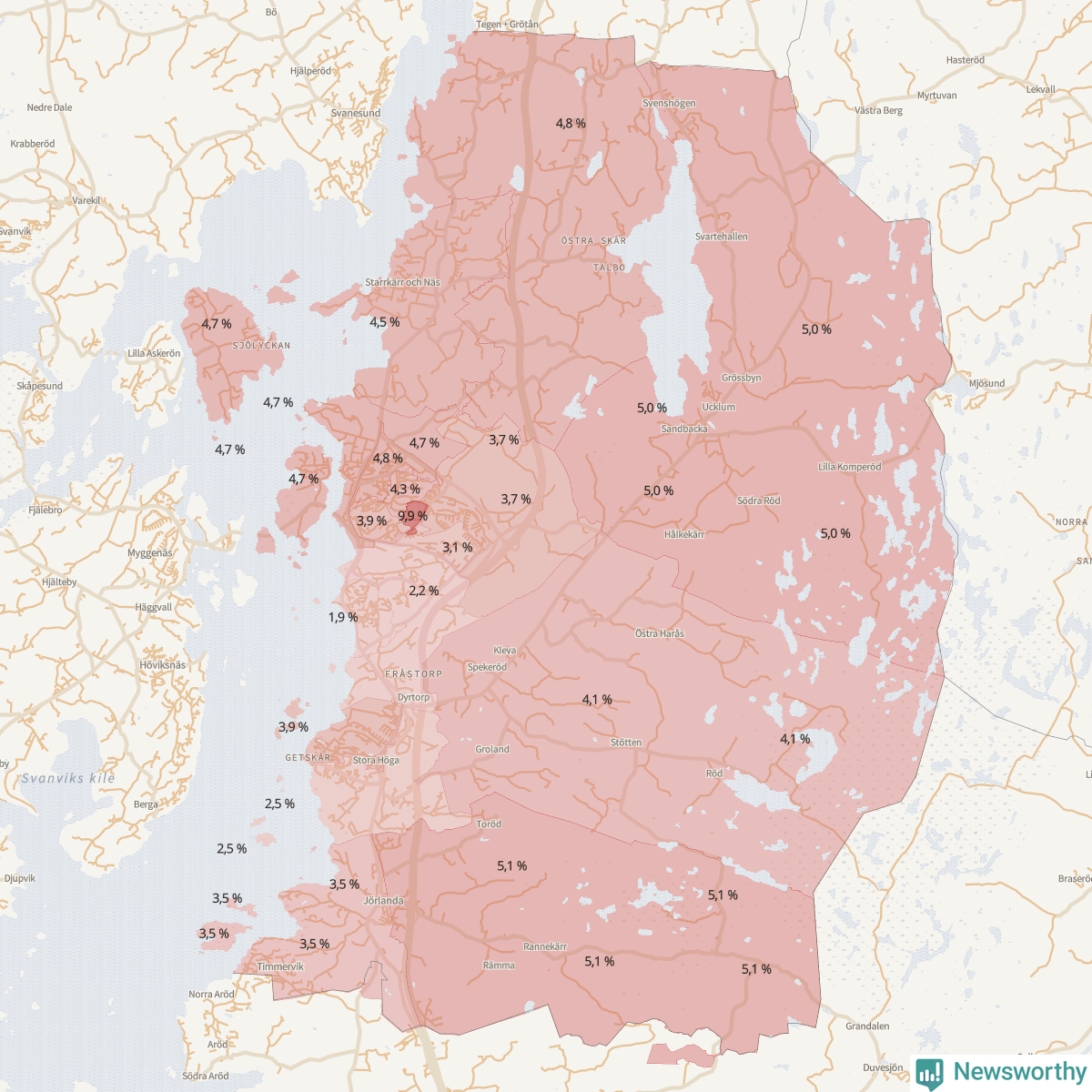Koroplet-karta över partiets stöd i kommunens valdistrikt. Se tabell.