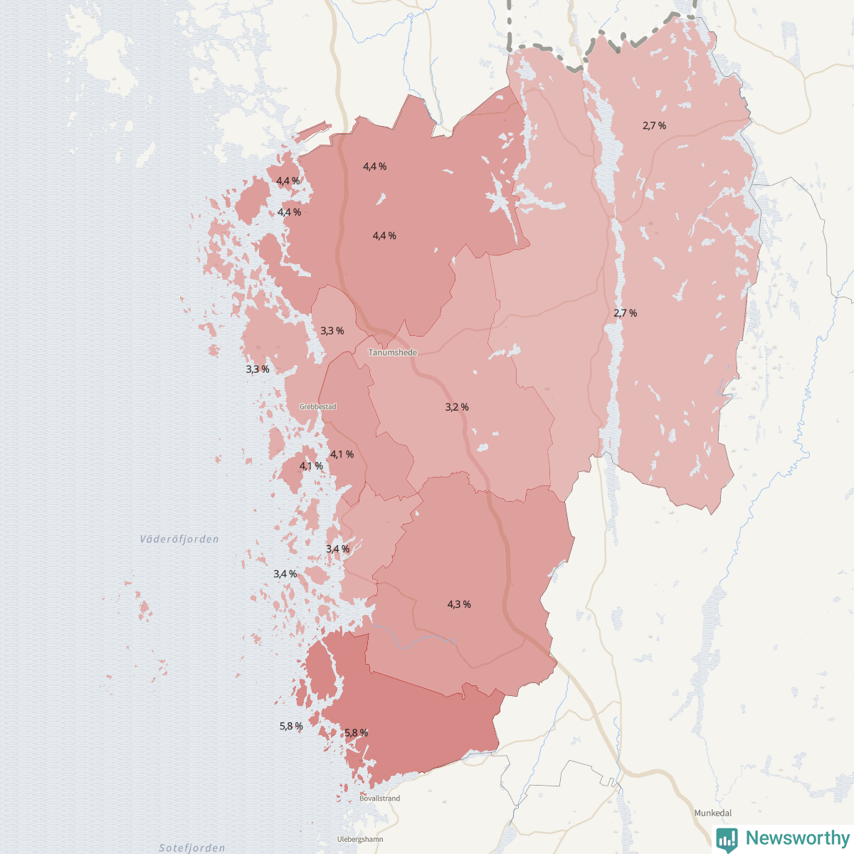 Koroplet-karta över partiets stöd i kommunens valdistrikt. Se tabell.