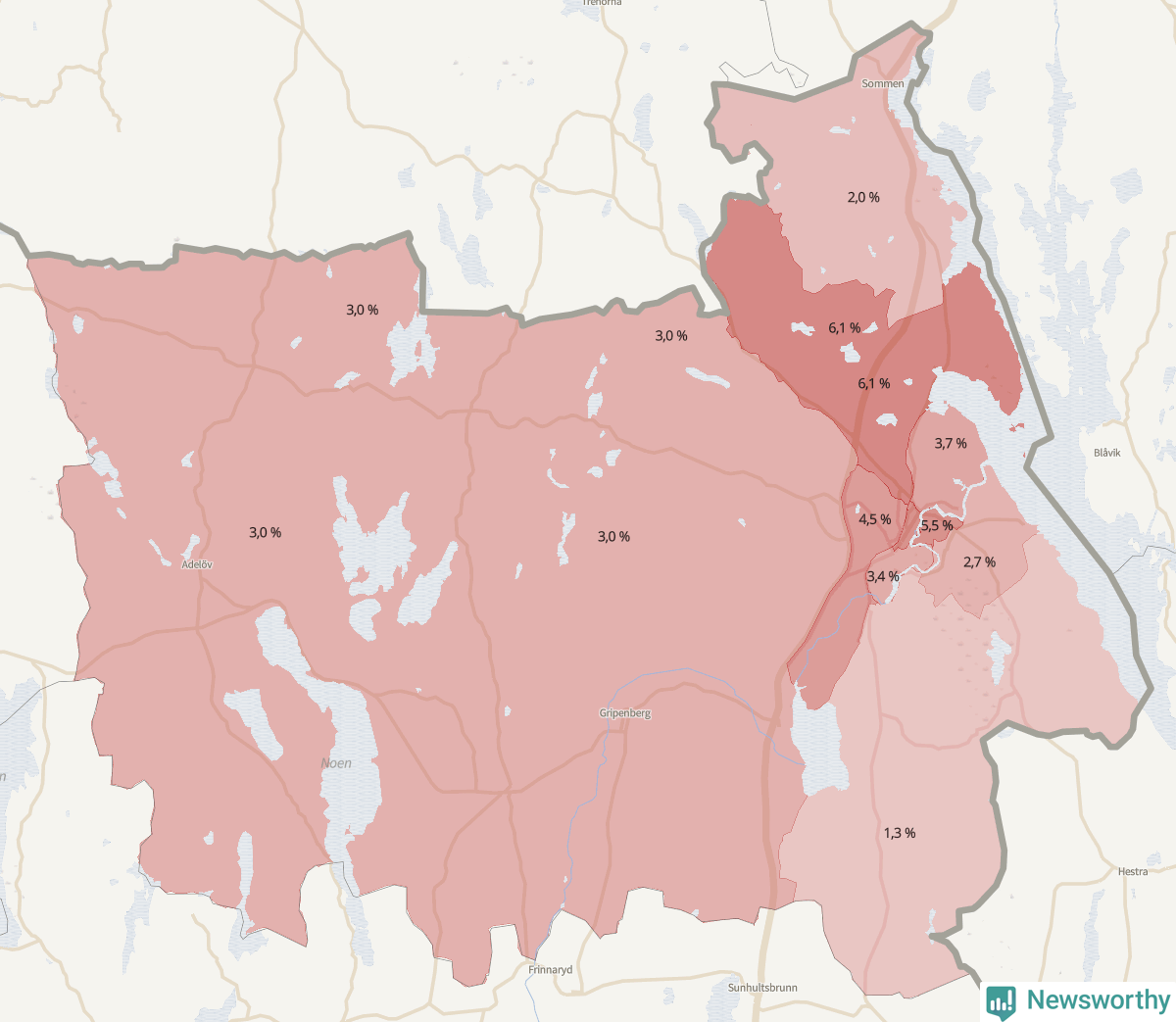 Koroplet-karta över partiets stöd i kommunens valdistrikt. Se tabell.