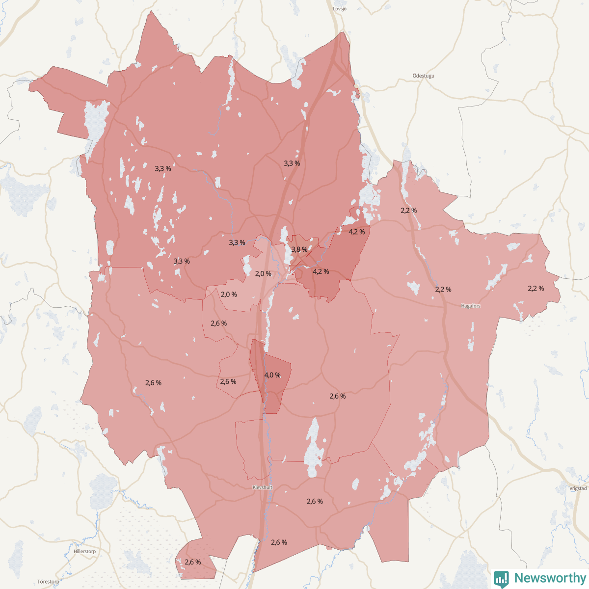 Koroplet-karta över partiets stöd i kommunens valdistrikt. Se tabell.