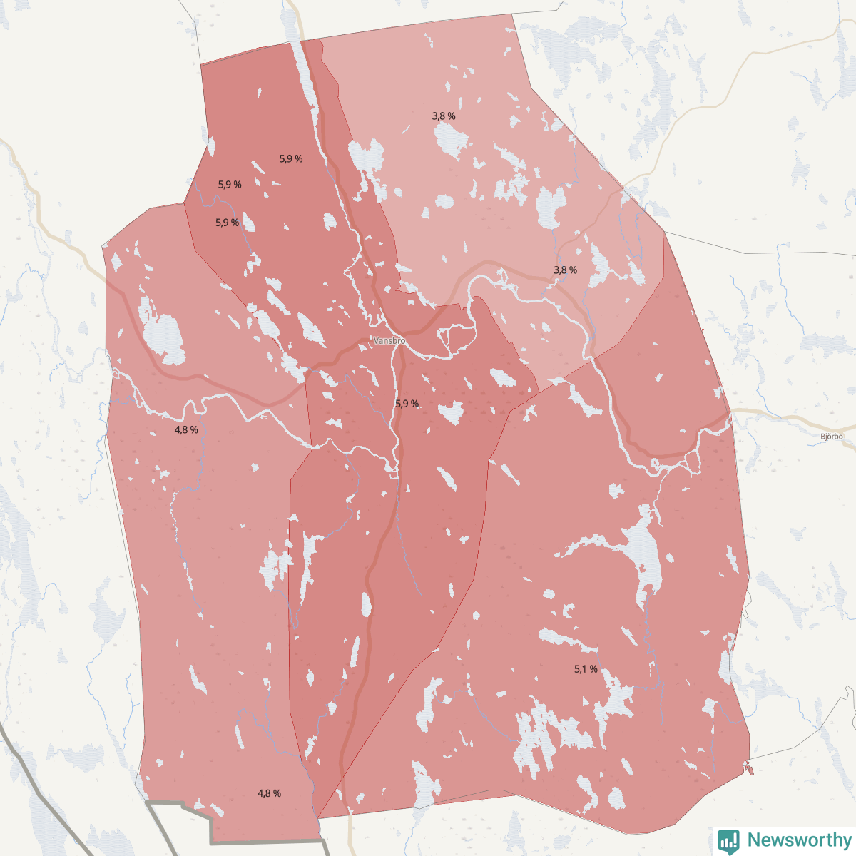 Koroplet-karta över partiets stöd i kommunens valdistrikt. Se tabell.