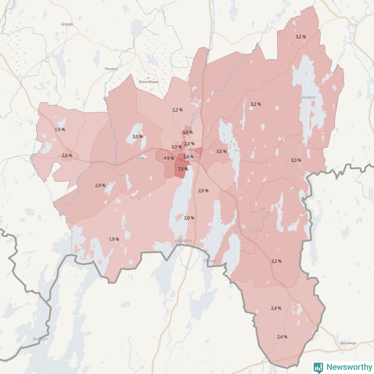 Koroplet-karta över partiets stöd i kommunens valdistrikt. Se tabell.