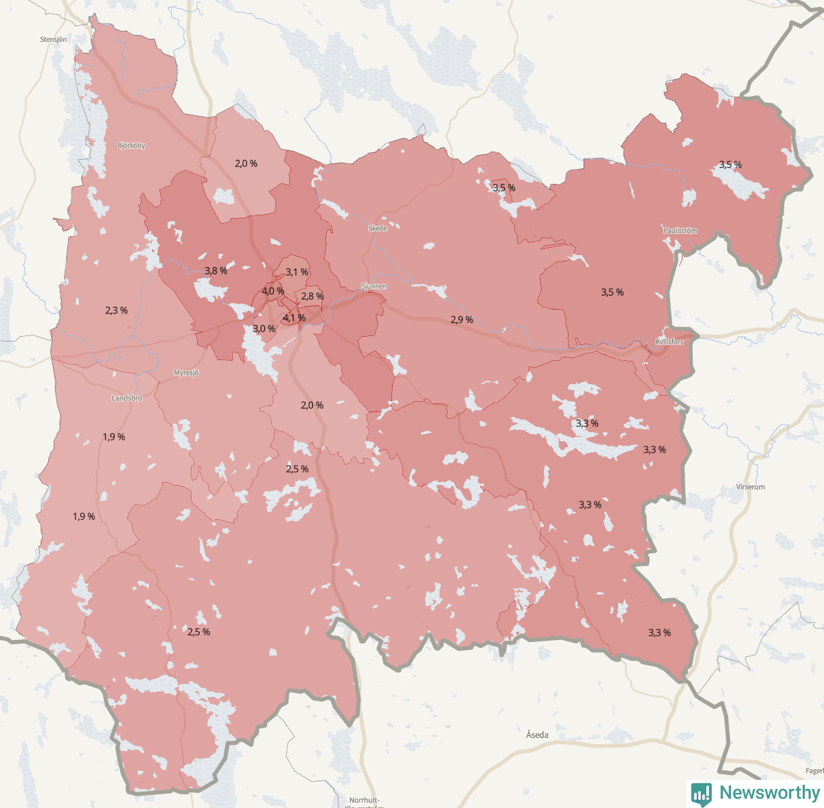 Koroplet-karta över partiets stöd i kommunens valdistrikt. Se tabell.