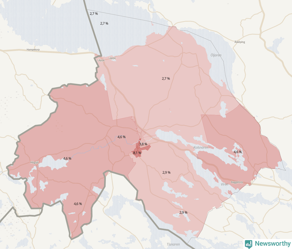 Koroplet-karta över partiets stöd i kommunens valdistrikt. Se tabell.