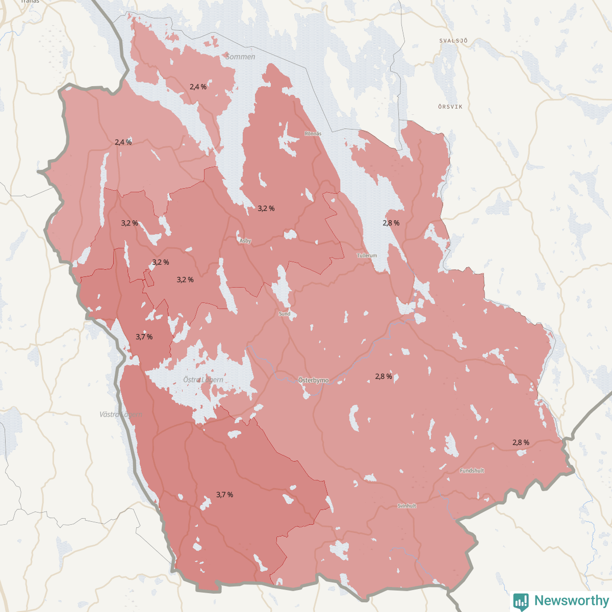 Koroplet-karta över partiets stöd i kommunens valdistrikt. Se tabell.