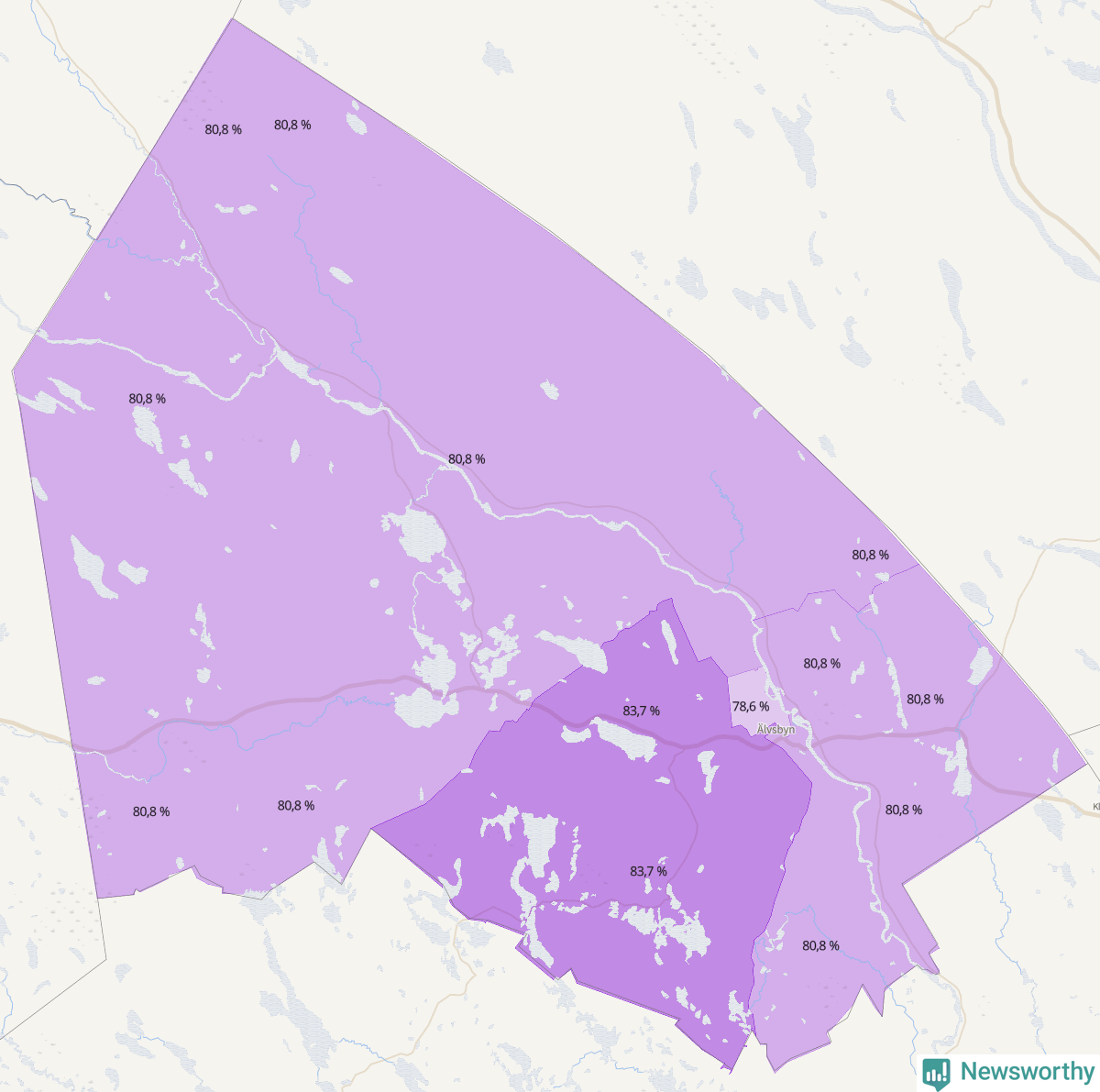 Koroplet-karta över partiets stöd i kommunens valdistrikt. Se tabell.