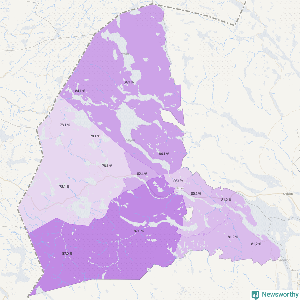 Koroplet-karta över partiets stöd i kommunens valdistrikt. Se tabell.