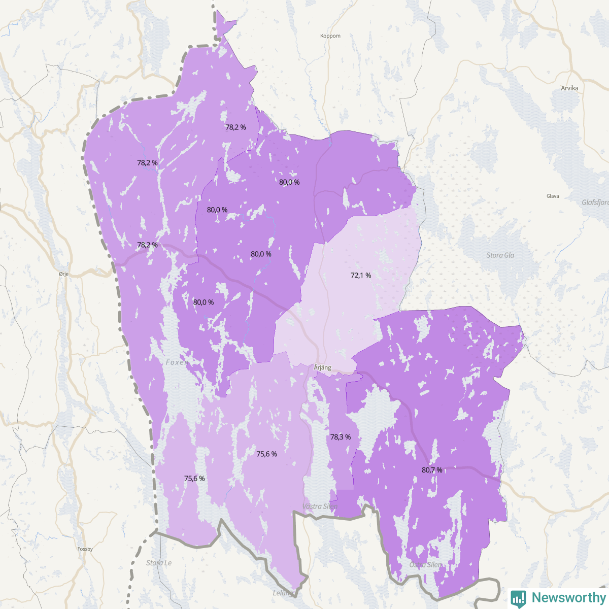 Koroplet-karta över partiets stöd i kommunens valdistrikt. Se tabell.
