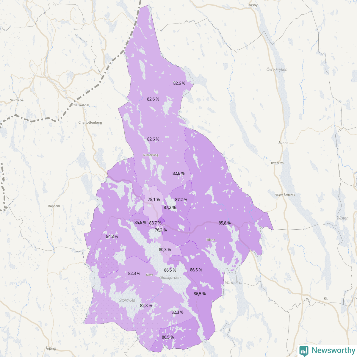 Koroplet-karta över partiets stöd i kommunens valdistrikt. Se tabell.