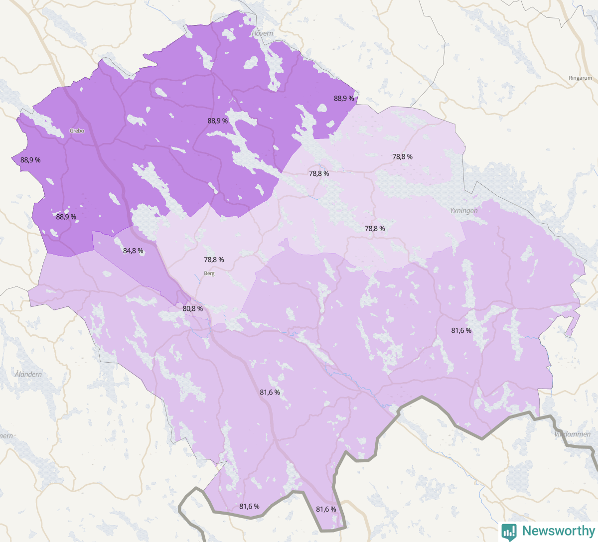Koroplet-karta över partiets stöd i kommunens valdistrikt. Se tabell.
