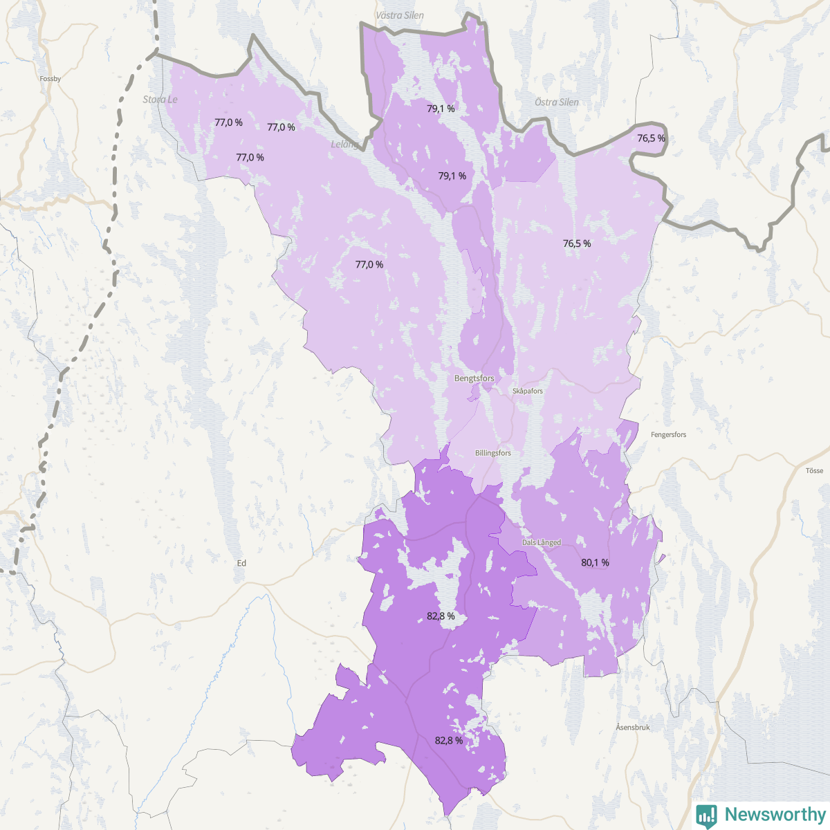 Koroplet-karta över partiets stöd i kommunens valdistrikt. Se tabell.