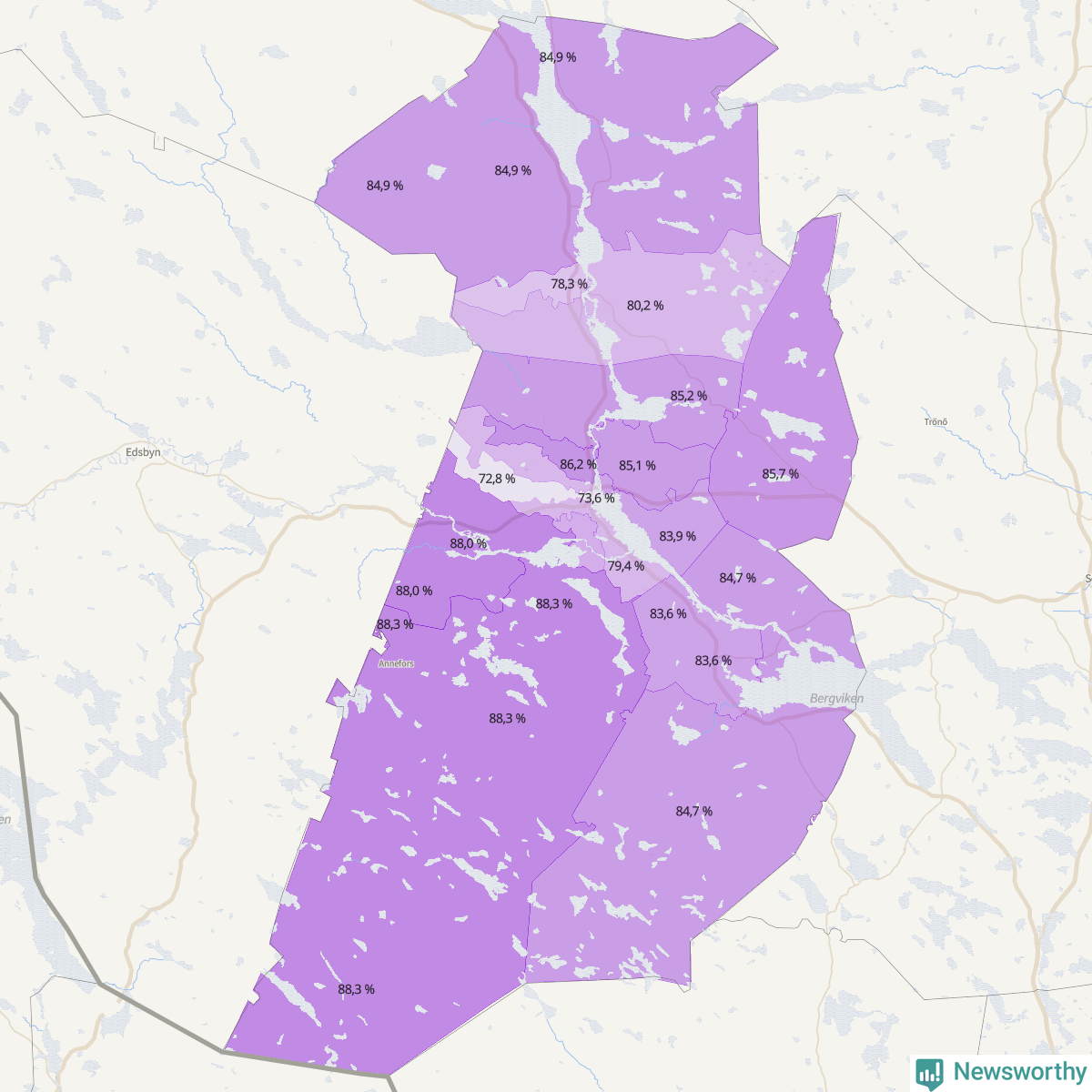 Koroplet-karta över partiets stöd i kommunens valdistrikt. Se tabell.