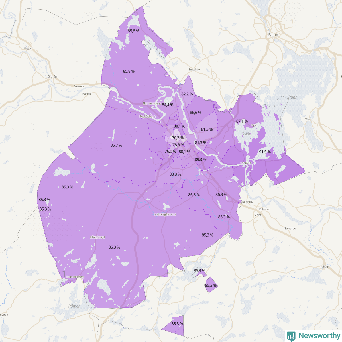 Koroplet-karta över partiets stöd i kommunens valdistrikt. Se tabell.