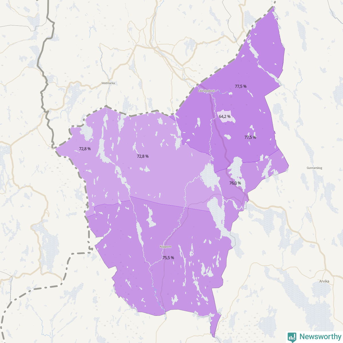 Koroplet-karta över partiets stöd i kommunens valdistrikt. Se tabell.