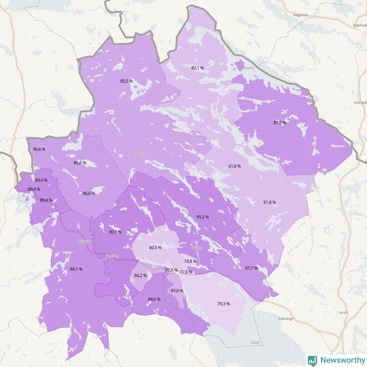 Koroplet-karta över partiets stöd i kommunens valdistrikt. Se tabell.