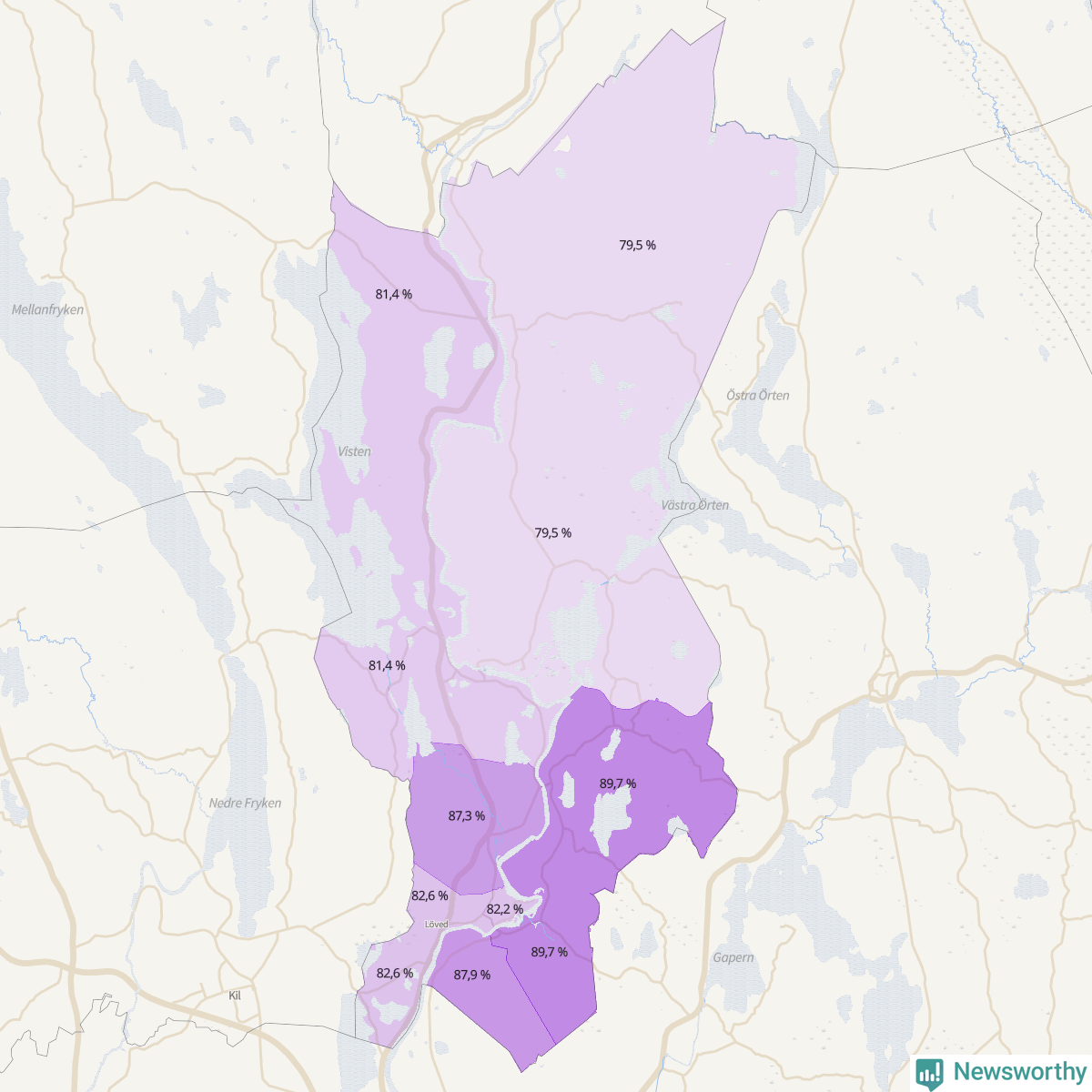 Koroplet-karta över partiets stöd i kommunens valdistrikt. Se tabell.