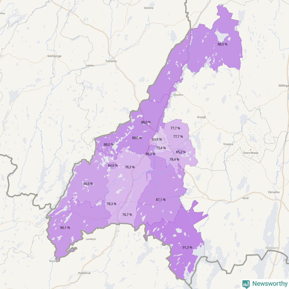 Koroplet-karta över partiets stöd i kommunens valdistrikt. Se tabell.
