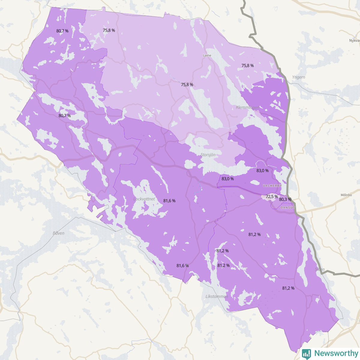 Koroplet-karta över partiets stöd i kommunens valdistrikt. Se tabell.