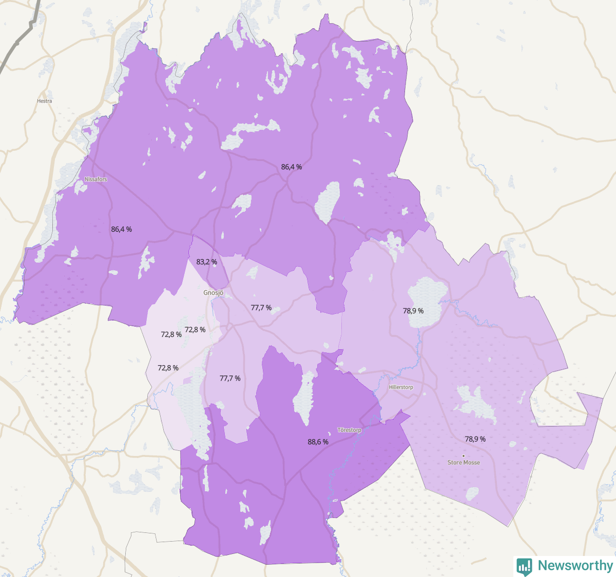Koroplet-karta över partiets stöd i kommunens valdistrikt. Se tabell.