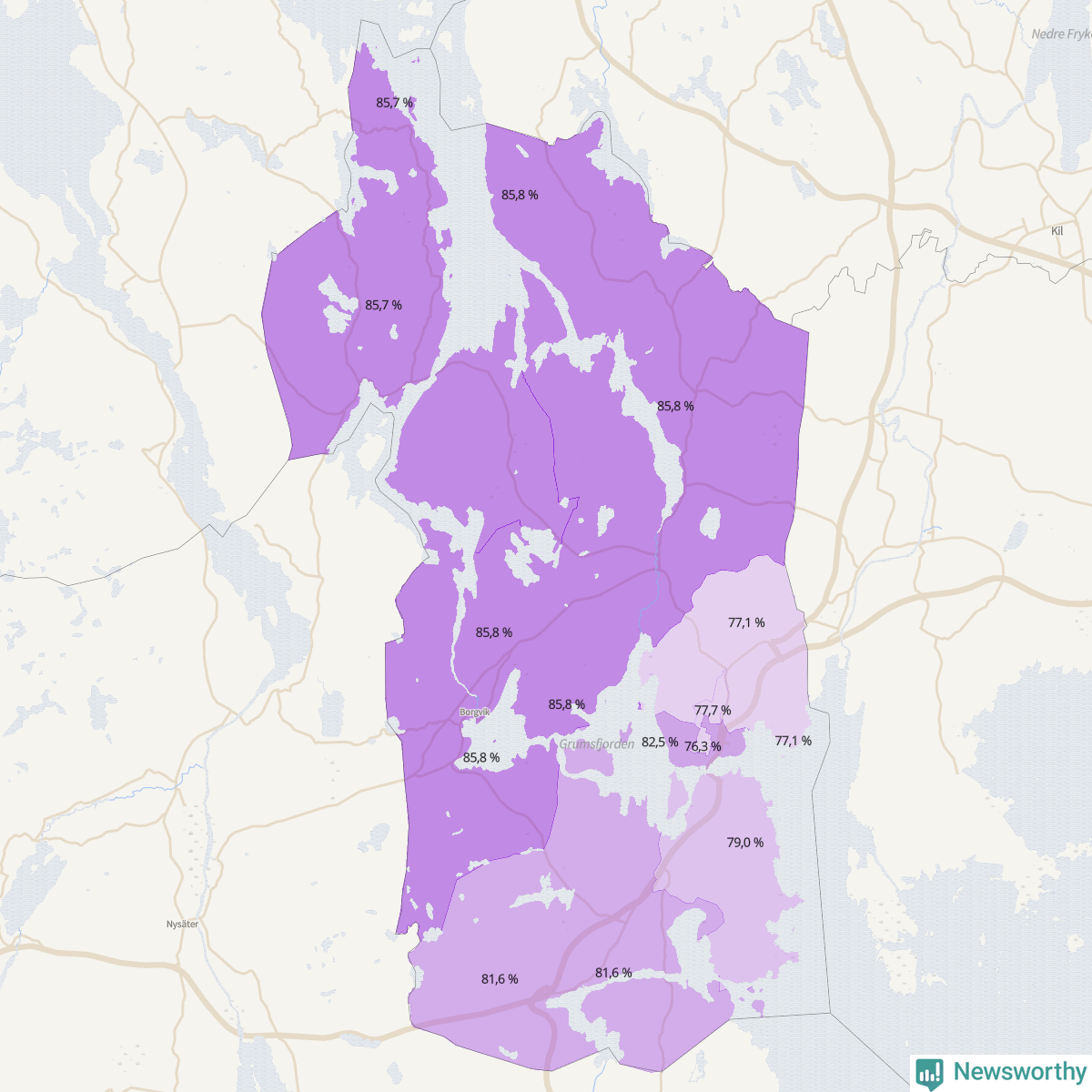 Koroplet-karta över partiets stöd i kommunens valdistrikt. Se tabell.
