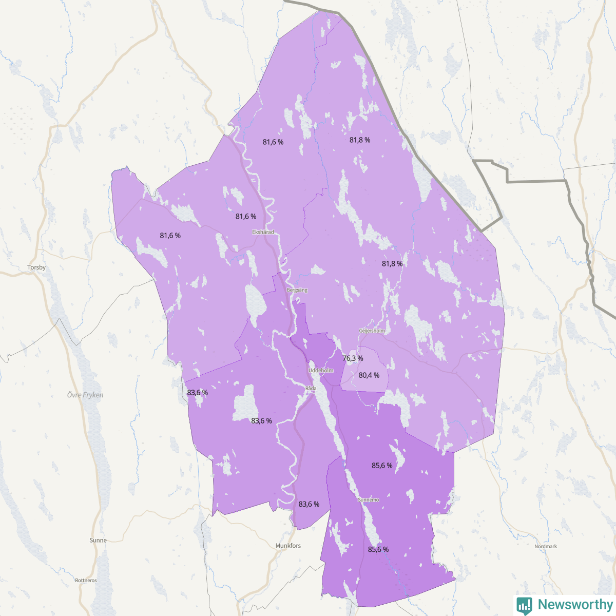 Koroplet-karta över partiets stöd i kommunens valdistrikt. Se tabell.