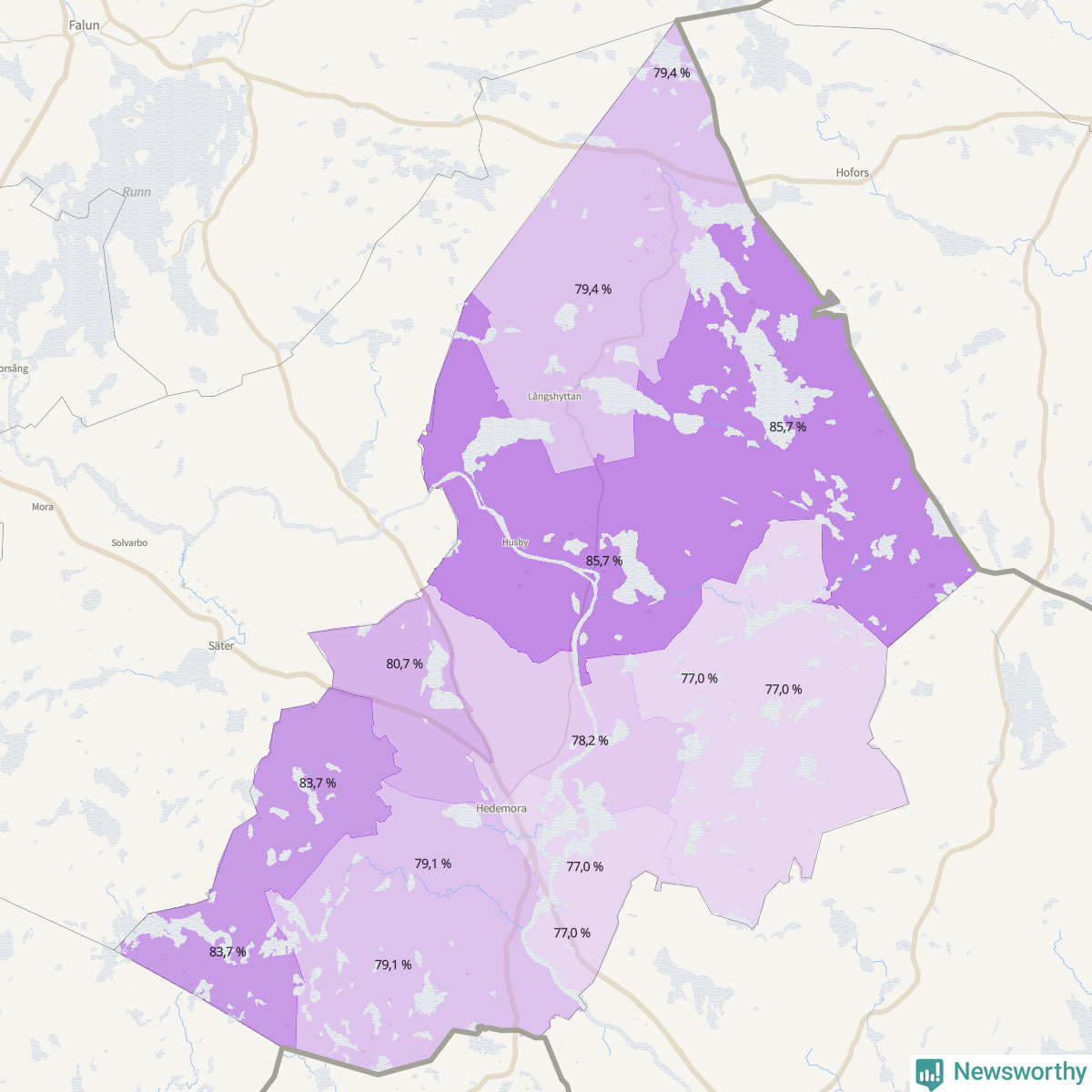 Koroplet-karta över partiets stöd i kommunens valdistrikt. Se tabell.