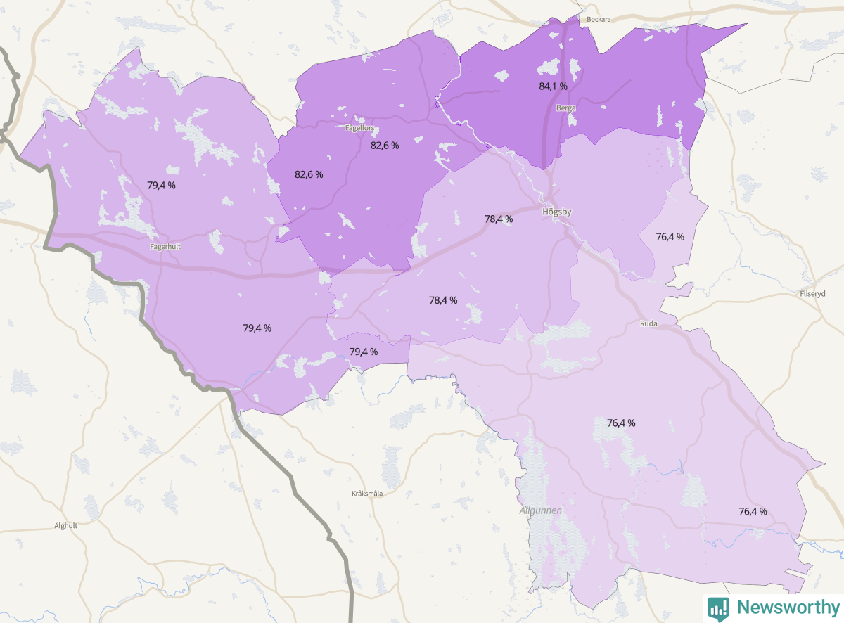 Koroplet-karta över partiets stöd i kommunens valdistrikt. Se tabell.