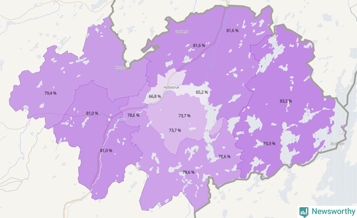 Koroplet-karta över partiets stöd i kommunens valdistrikt. Se tabell.