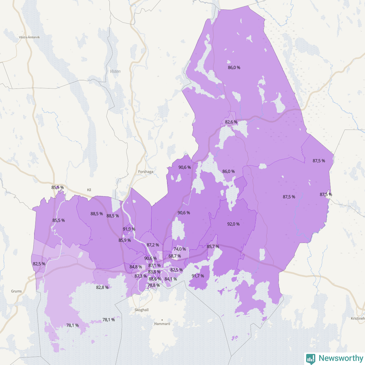 Koroplet-karta över partiets stöd i kommunens valdistrikt. Se tabell.