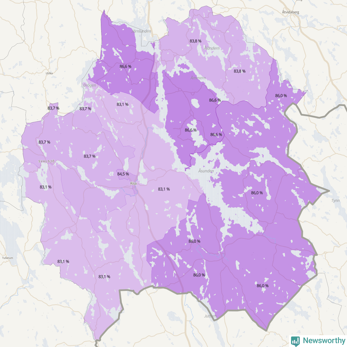 Koroplet-karta över partiets stöd i kommunens valdistrikt. Se tabell.