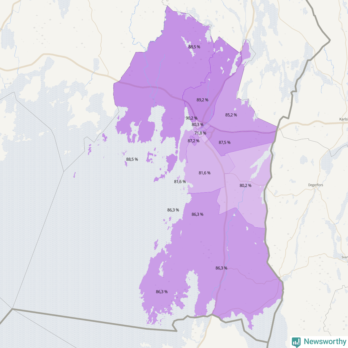 Koroplet-karta över partiets stöd i kommunens valdistrikt. Se tabell.