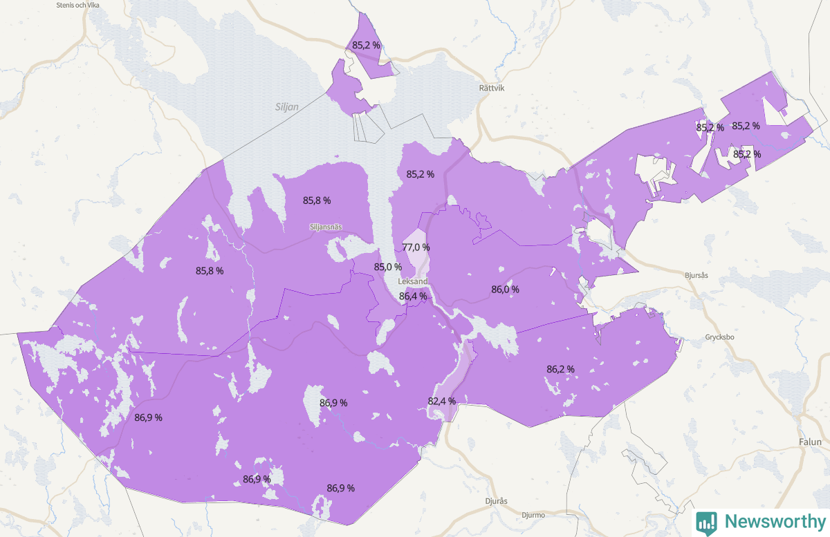 Koroplet-karta över partiets stöd i kommunens valdistrikt. Se tabell.
