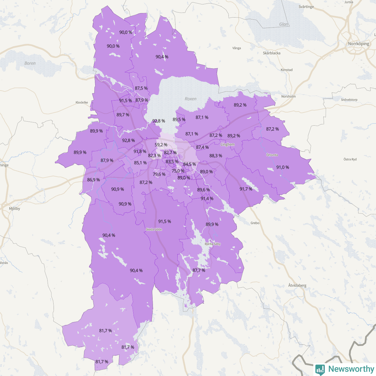 Koroplet-karta över partiets stöd i kommunens valdistrikt. Se tabell.