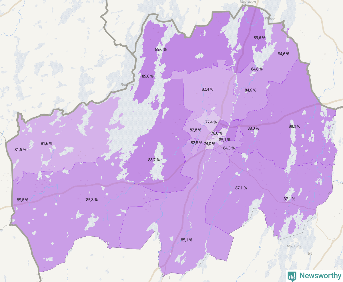 Koroplet-karta över partiets stöd i kommunens valdistrikt. Se tabell.