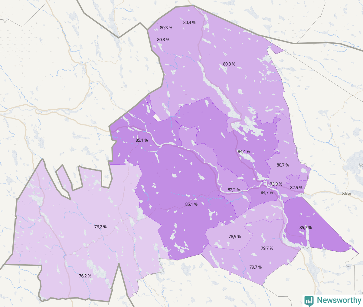 Koroplet-karta över partiets stöd i kommunens valdistrikt. Se tabell.