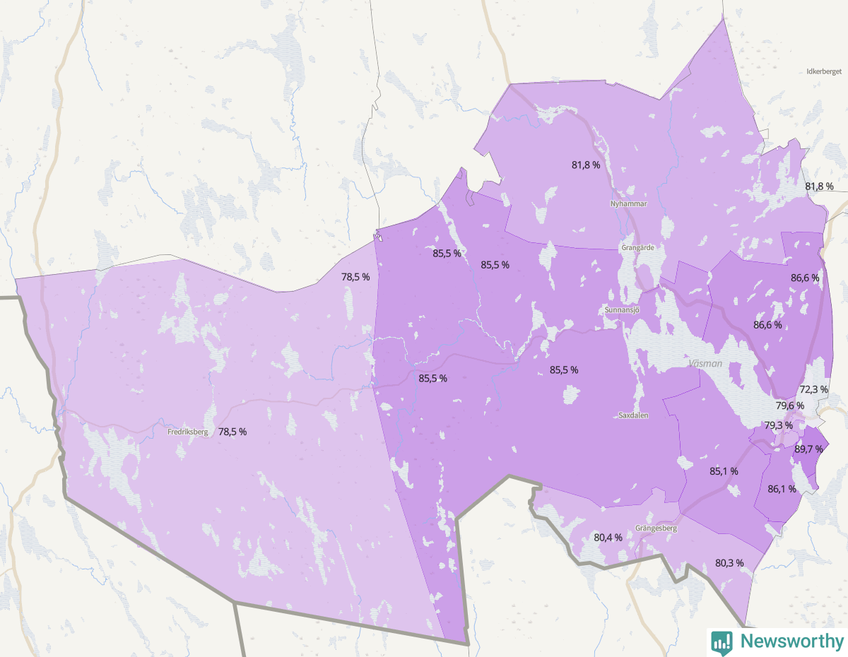 Koroplet-karta över partiets stöd i kommunens valdistrikt. Se tabell.