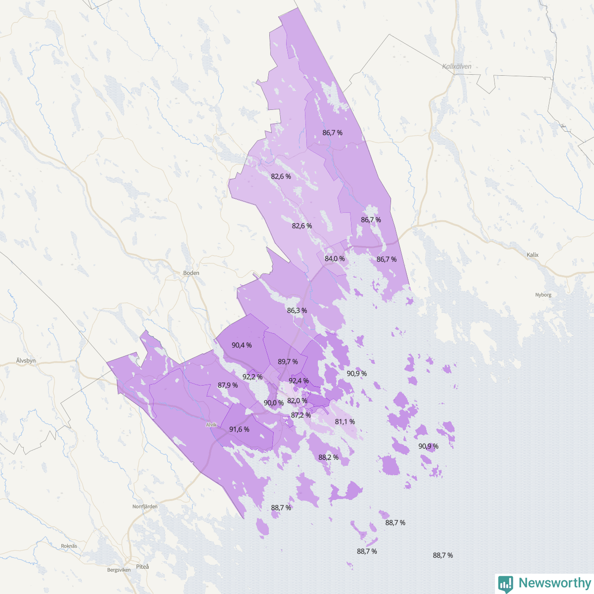Koroplet-karta över partiets stöd i kommunens valdistrikt. Se tabell.