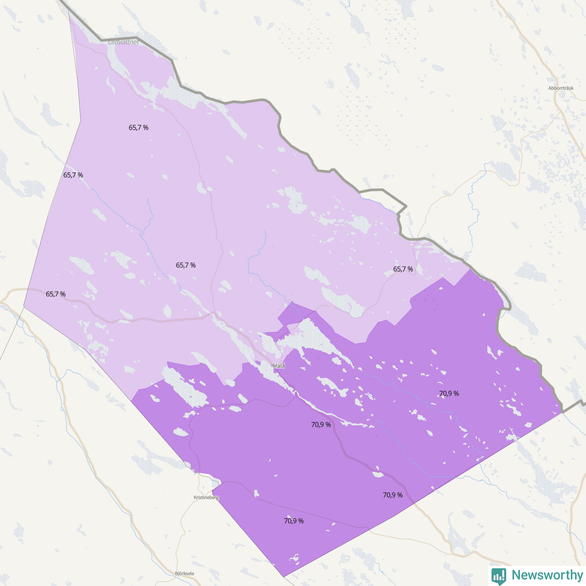 Koroplet-karta över partiets stöd i kommunens valdistrikt. Se tabell.