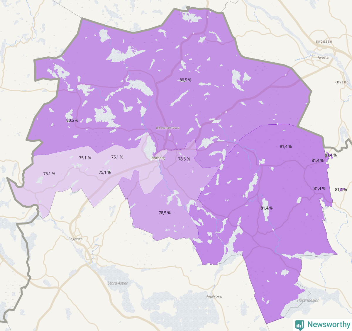 Koroplet-karta över partiets stöd i kommunens valdistrikt. Se tabell.