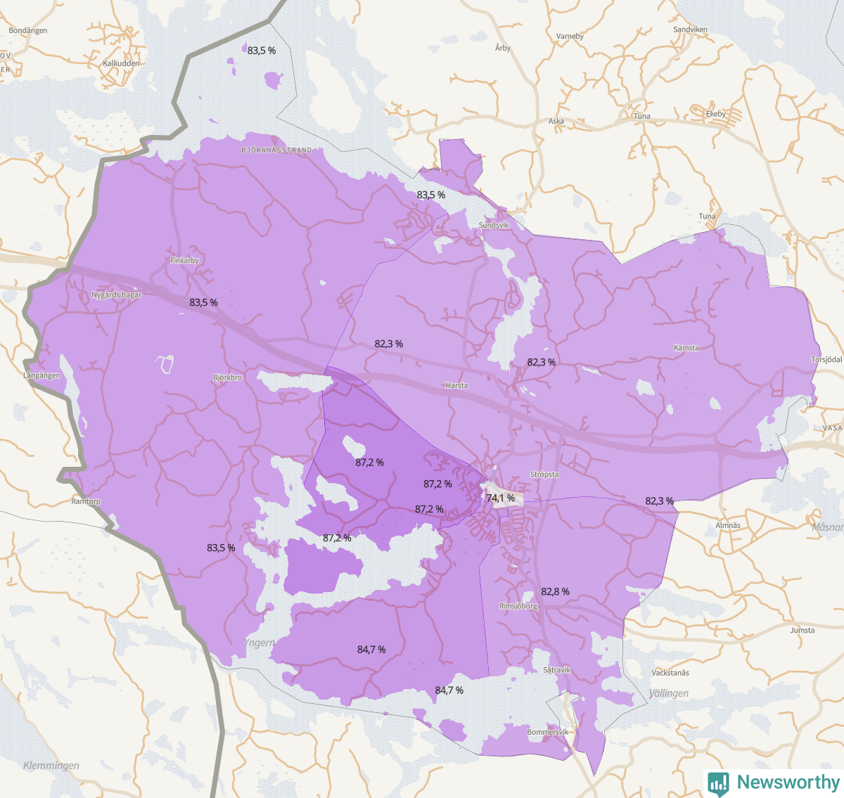 Koroplet-karta över partiets stöd i kommunens valdistrikt. Se tabell.