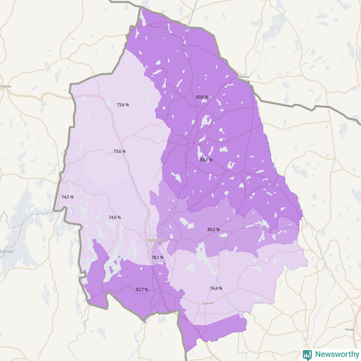 Koroplet-karta över partiets stöd i kommunens valdistrikt. Se tabell.