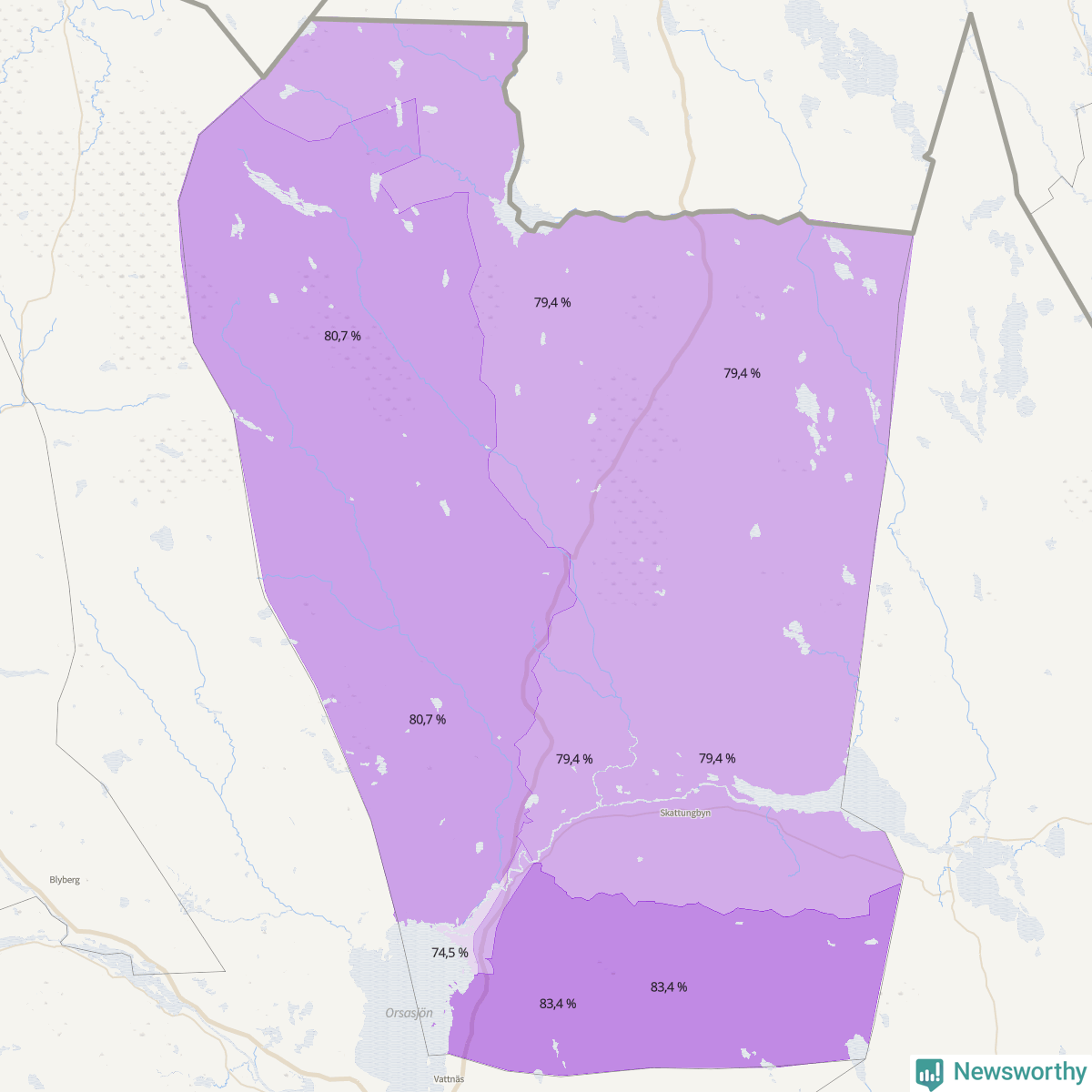 Koroplet-karta över partiets stöd i kommunens valdistrikt. Se tabell.