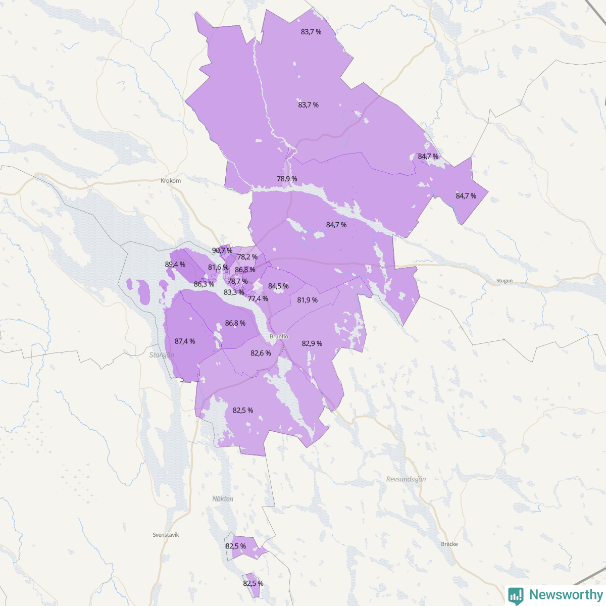 Koroplet-karta över partiets stöd i kommunens valdistrikt. Se tabell.
